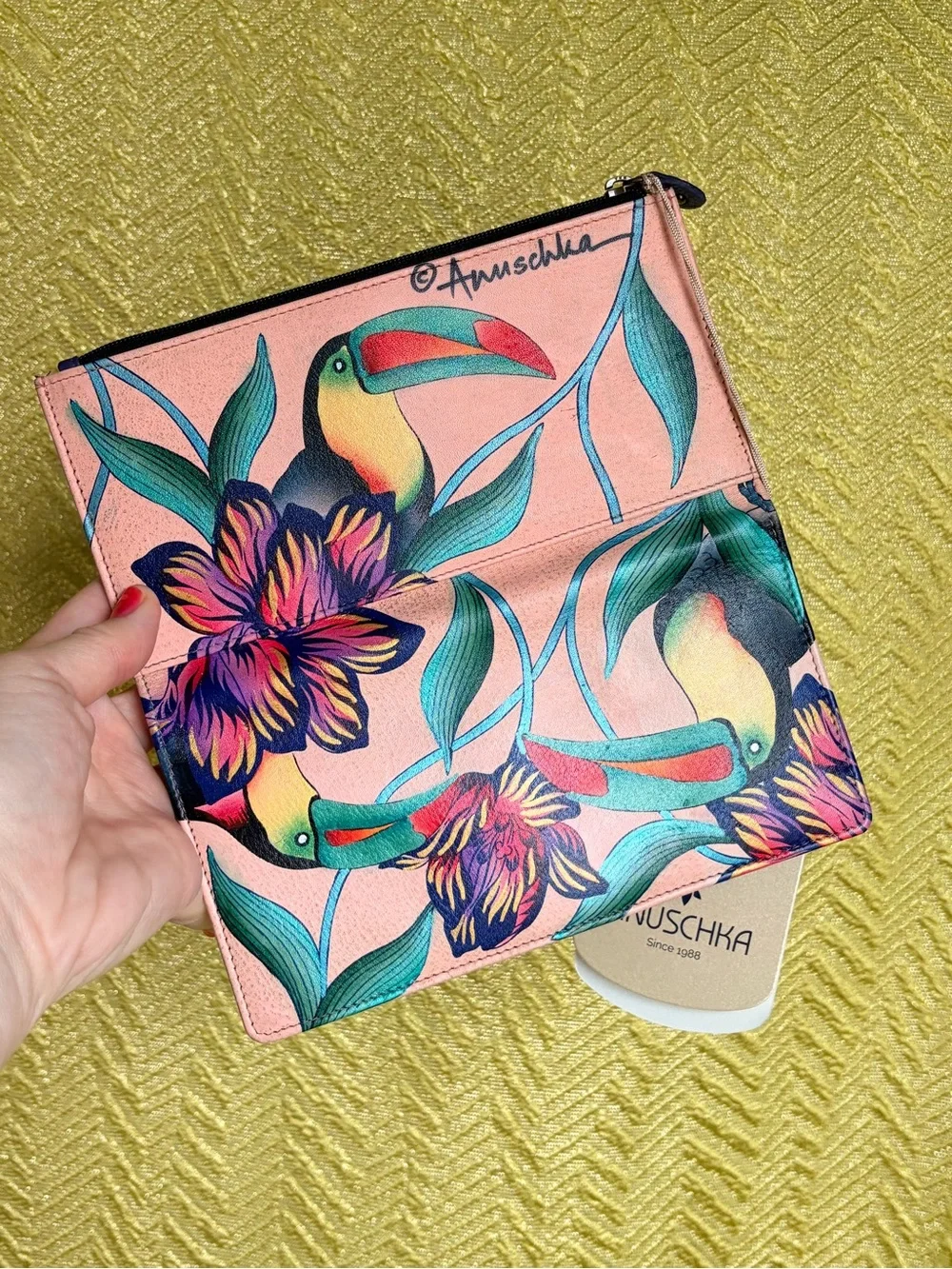 Vintage Toucan Floral Zip Wallet - Peach, Teal, Red, Yellow